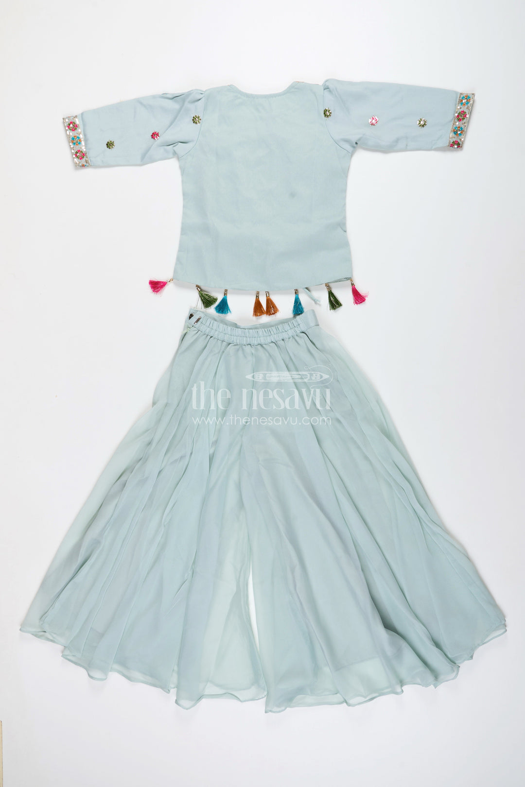 Embroidered crop top with flared plazo – peacock motif ethnic wear for girls