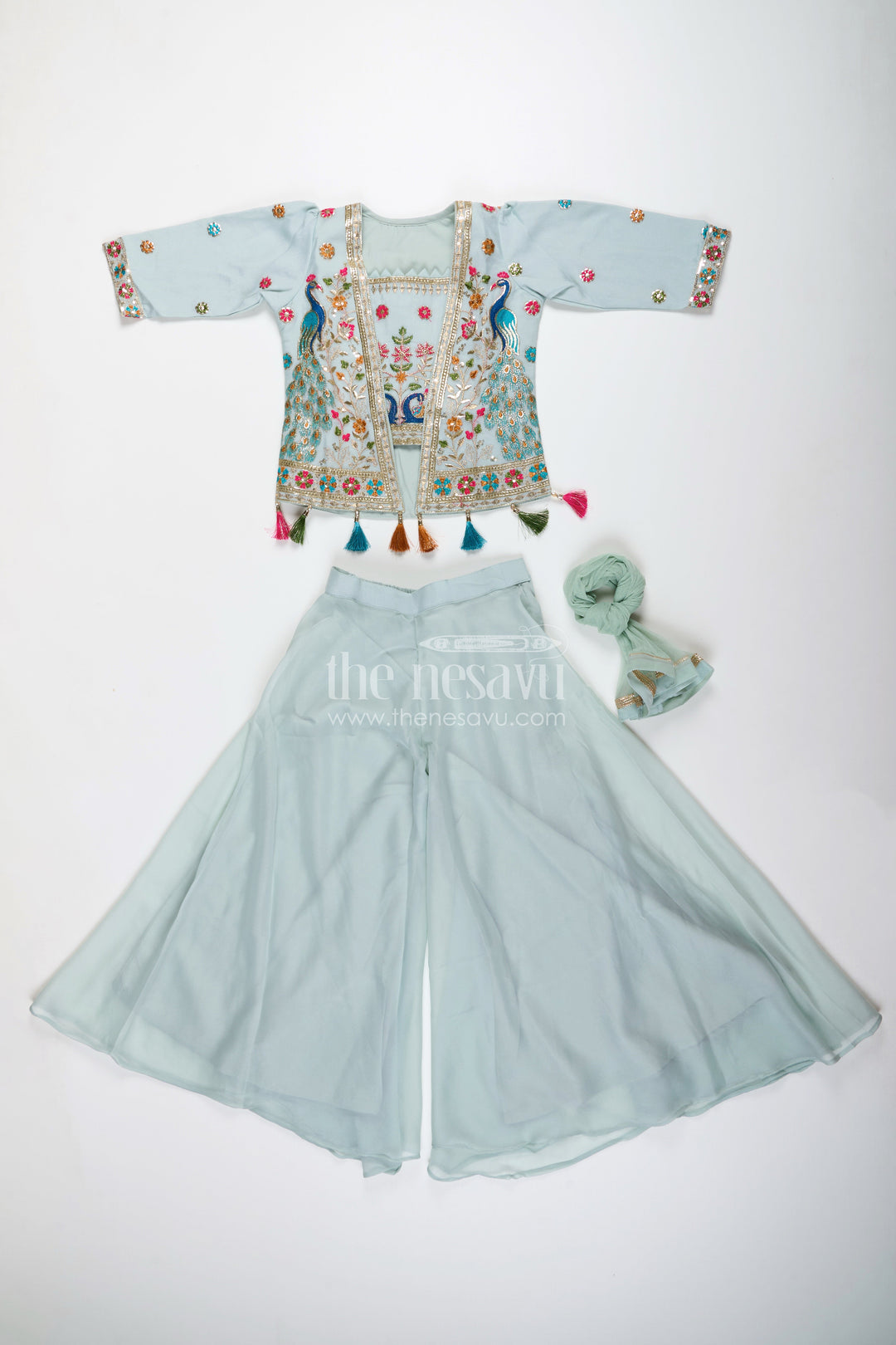 Embroidered crop top with flared plazo – peacock motif ethnic wear for girls