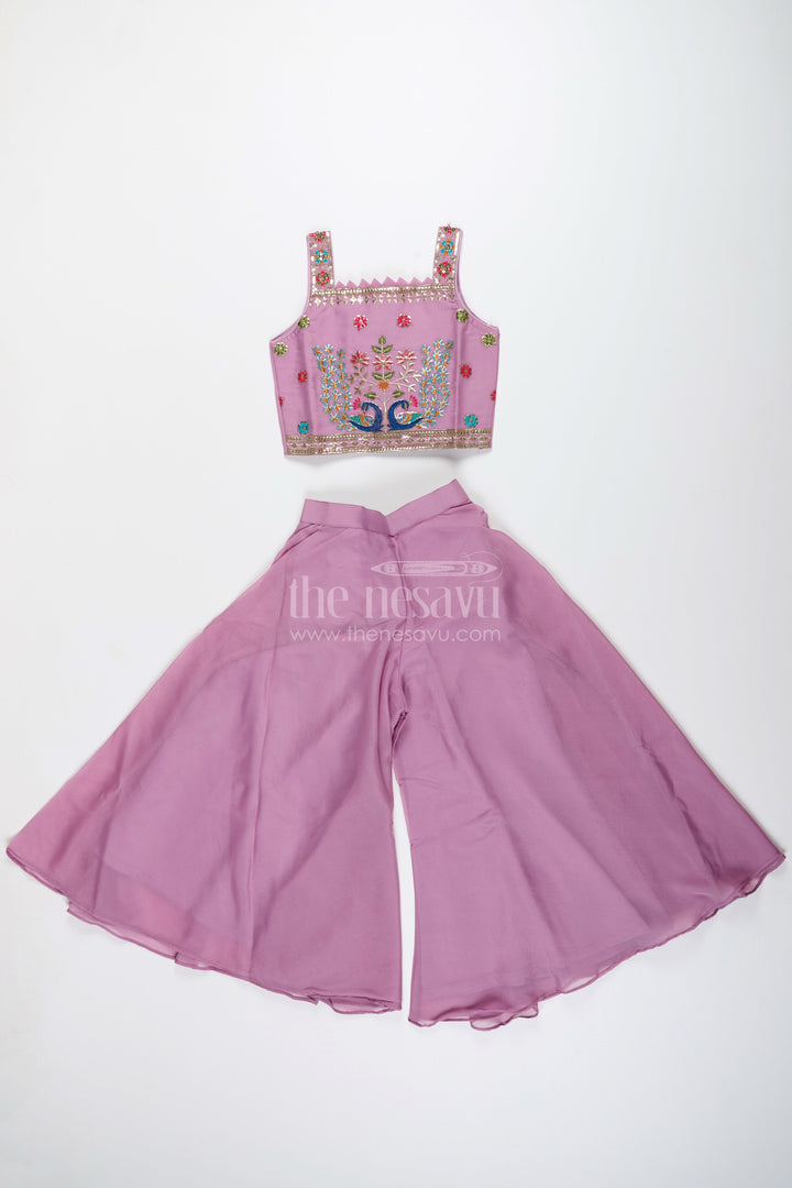 Ethnic plazo set with peacock-embroidered crop top – festive outfit for toddlers