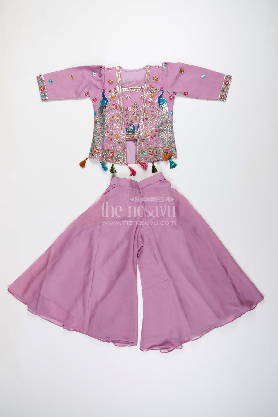 Ethnic plazo set with peacock-embroidered crop top – festive outfit for toddlers