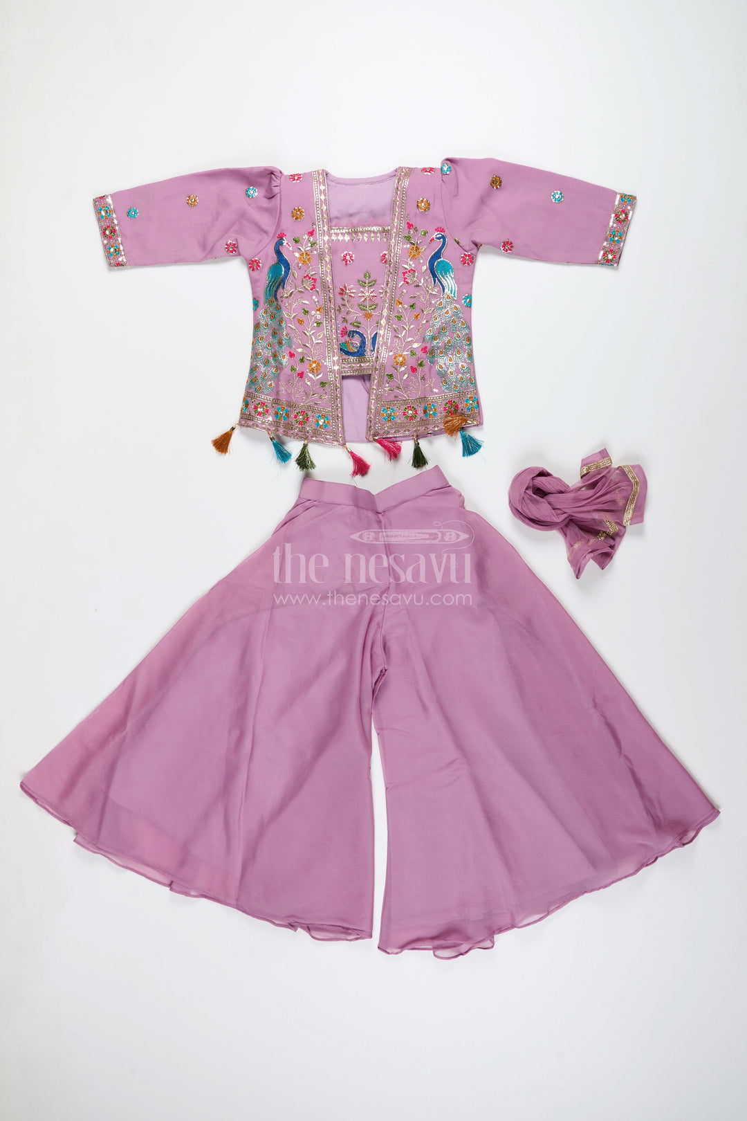 Ethnic plazo set with peacock-embroidered crop top – festive outfit for toddlers