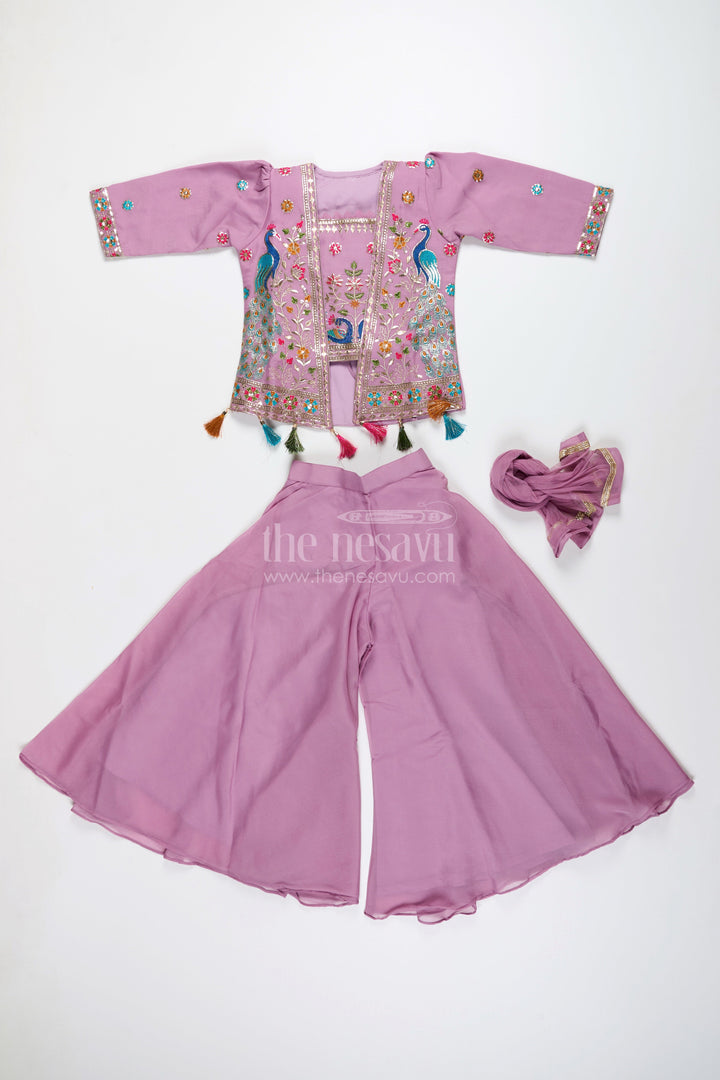Ethnic plazo set with peacock-embroidered crop top – festive outfit for toddlers