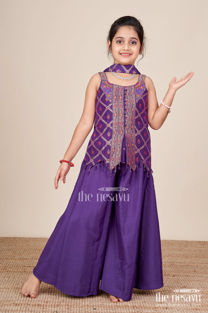 Girls Purple Sharara Set with Embroidered Yoke for Festive Occasions