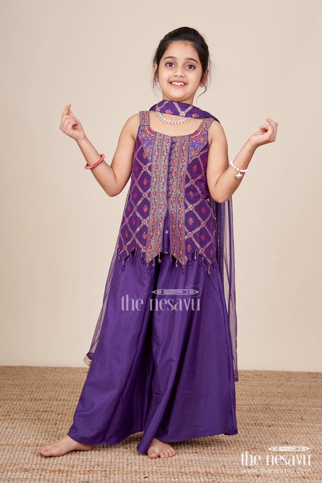 Girls Purple Sharara Set with Embroidered Yoke for Festive Occasions