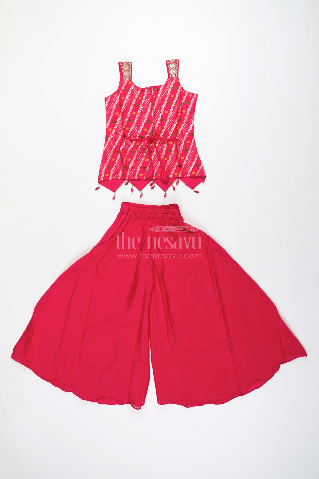 Sleeveless flared plazo set with mirror embroidered top – festive ethnic look for girls