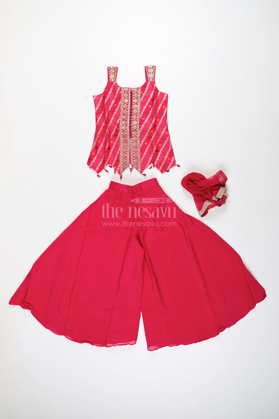 Sleeveless flared plazo set with mirror embroidered top – festive ethnic look for girls