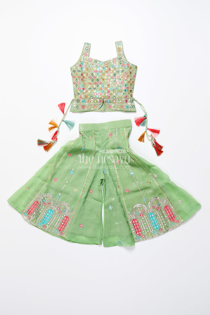 Mirror embroidered green sharara set with colorful tassels
