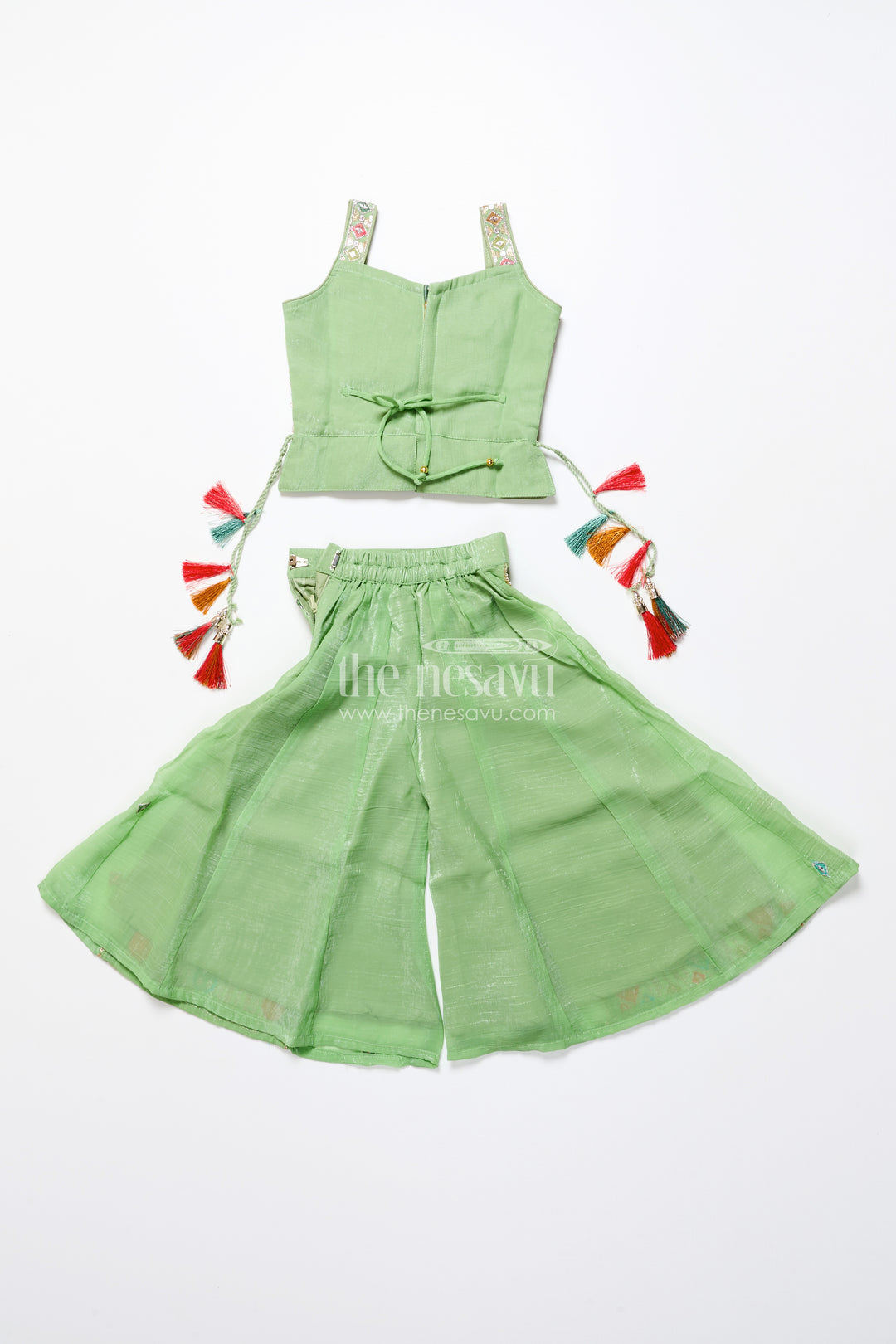 Mirror embroidered green sharara set with colorful tassels