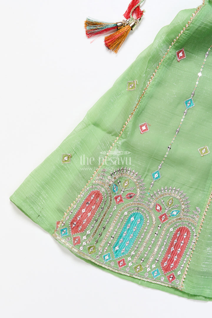 Mirror embroidered green sharara set with colorful tassels