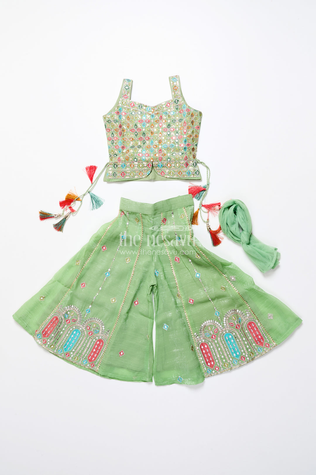 Mirror embroidered green sharara set with colorful tassels