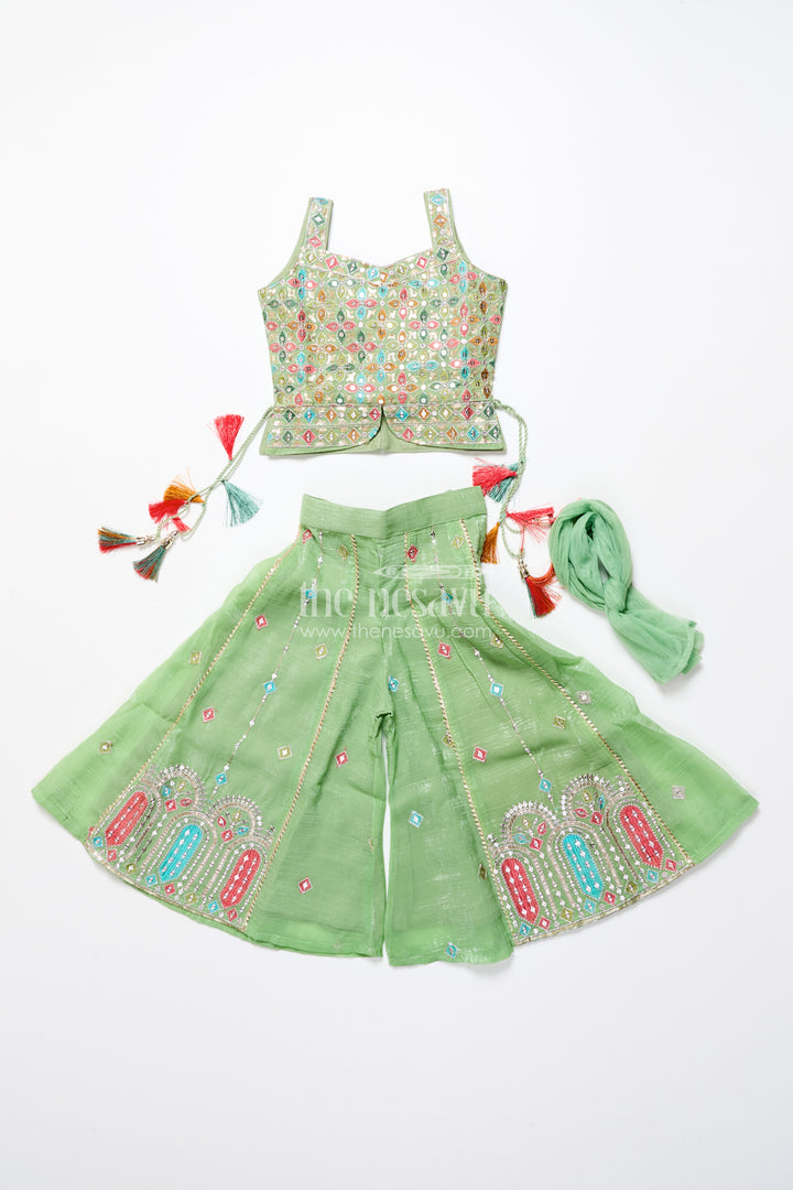 Mirror embroidered green sharara set with colorful tassels