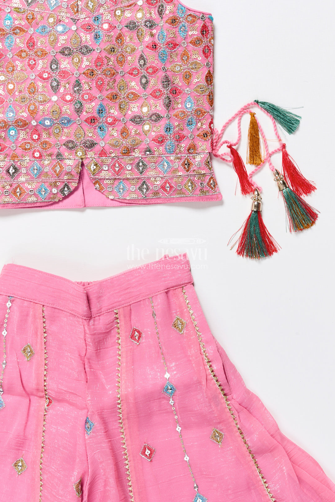 Mirror embroidered pink sharara set with playful tassels