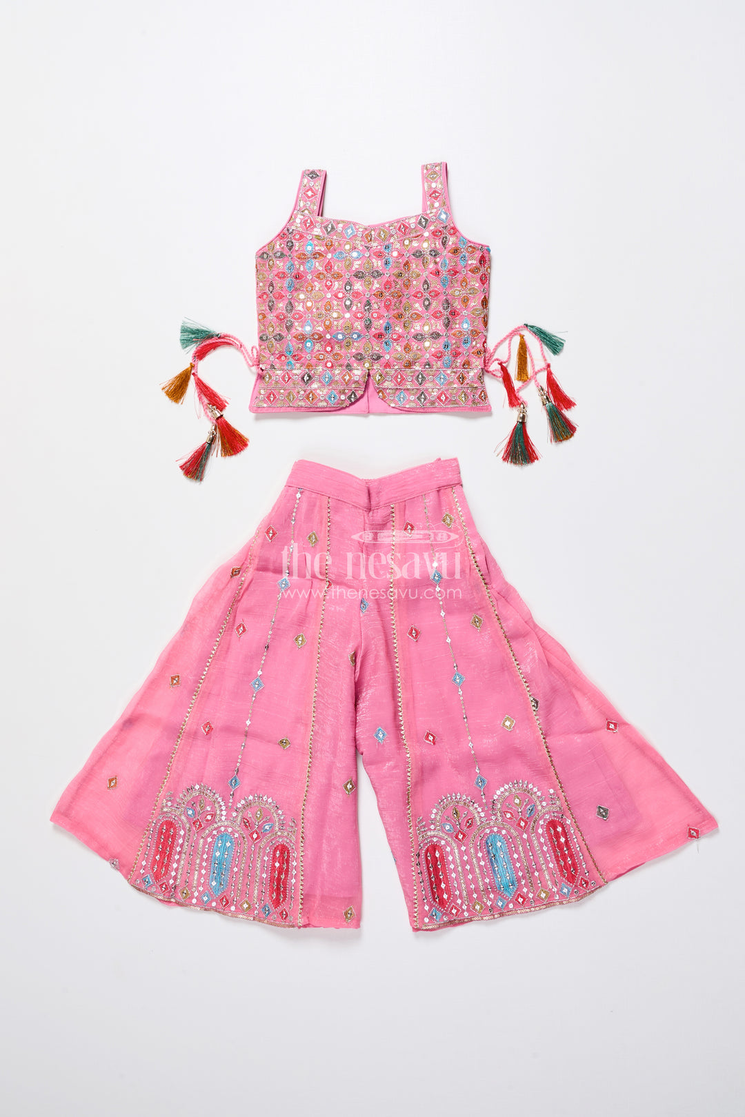 Mirror embroidered pink sharara set with playful tassels