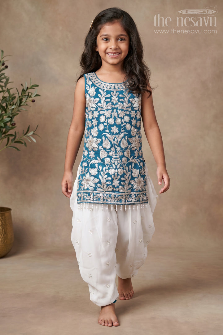 Royal Blue Embroidered Kurti Set with Dhoti Pants