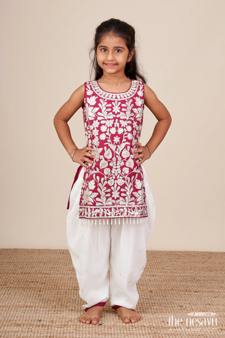 Maroon and Ivory Embroidered Ethnic Kurti Set