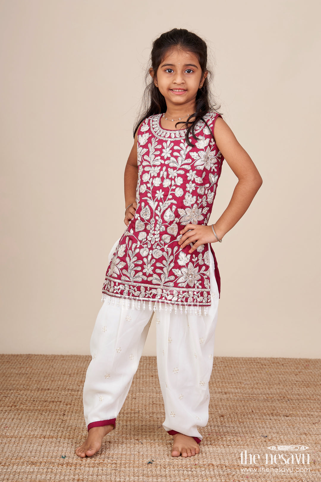 Maroon and Ivory Embroidered Ethnic Kurti Set