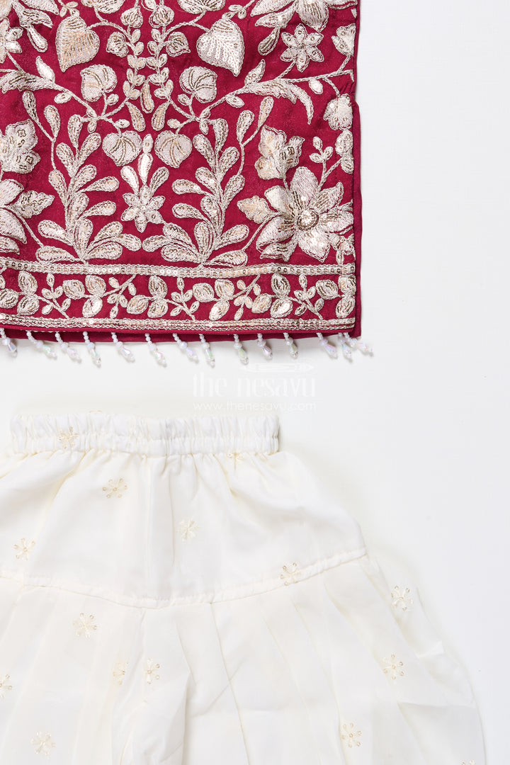 Maroon and ivory embroidered ethnic kurti set