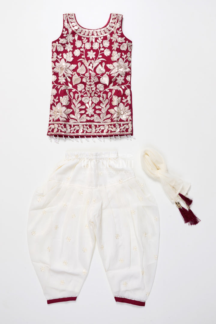Maroon and ivory embroidered ethnic kurti set
