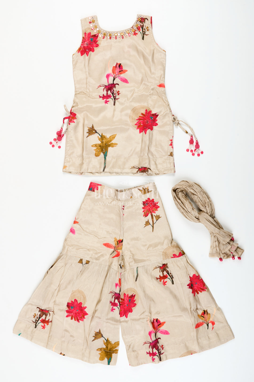 Girls floral plazo set with muslin silk top for festive day events