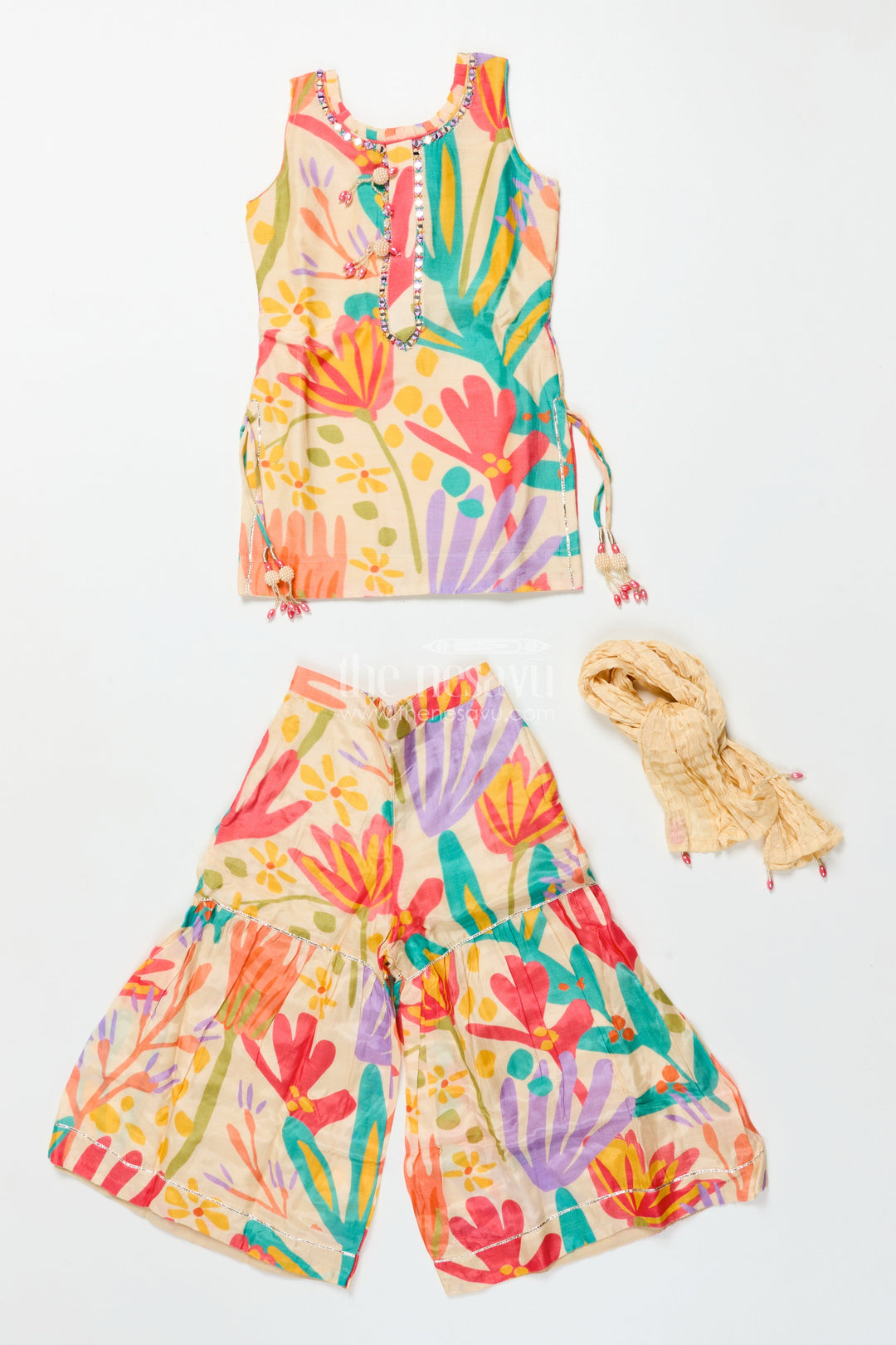Girls Digital Floral Printed Sharara Suit In Viscose Muslin Silk