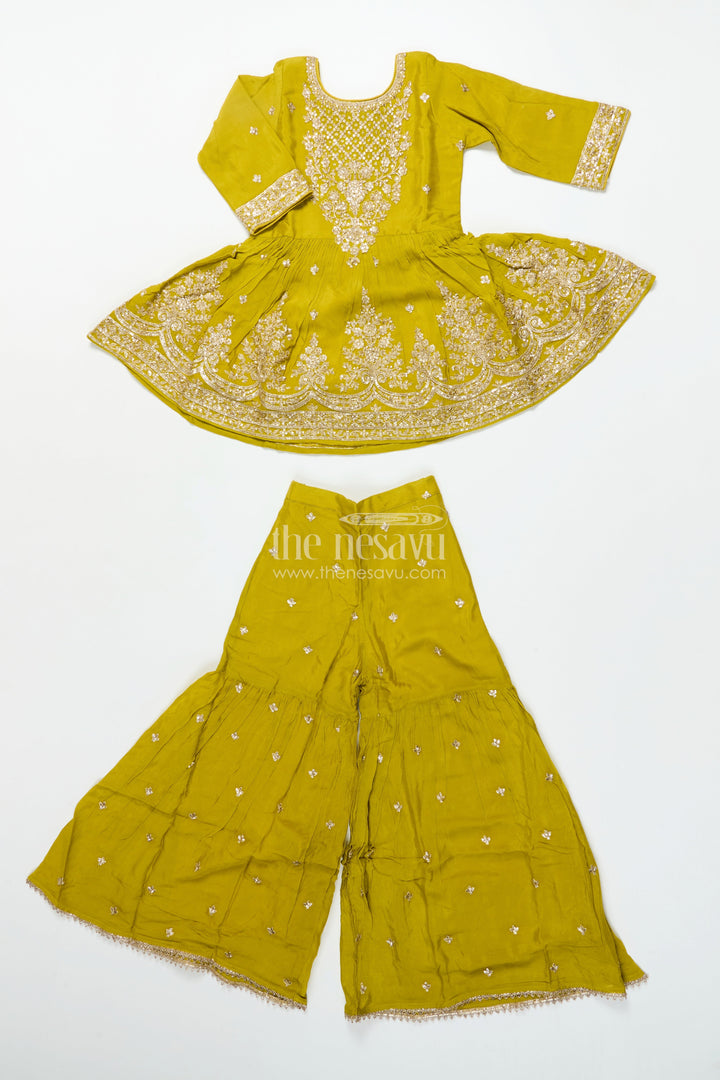 Girls Designer Embroidered Georgette Kurta with Pleated Plazo Pants