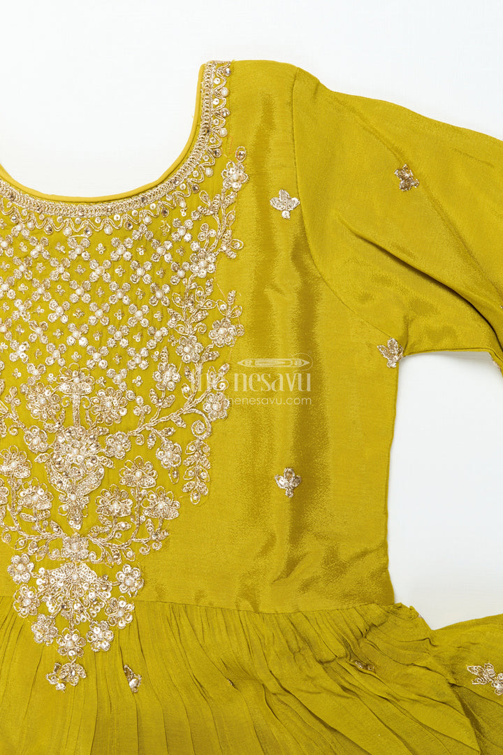 Girls Designer Embroidered Georgette Kurta with Pleated Plazo Pants