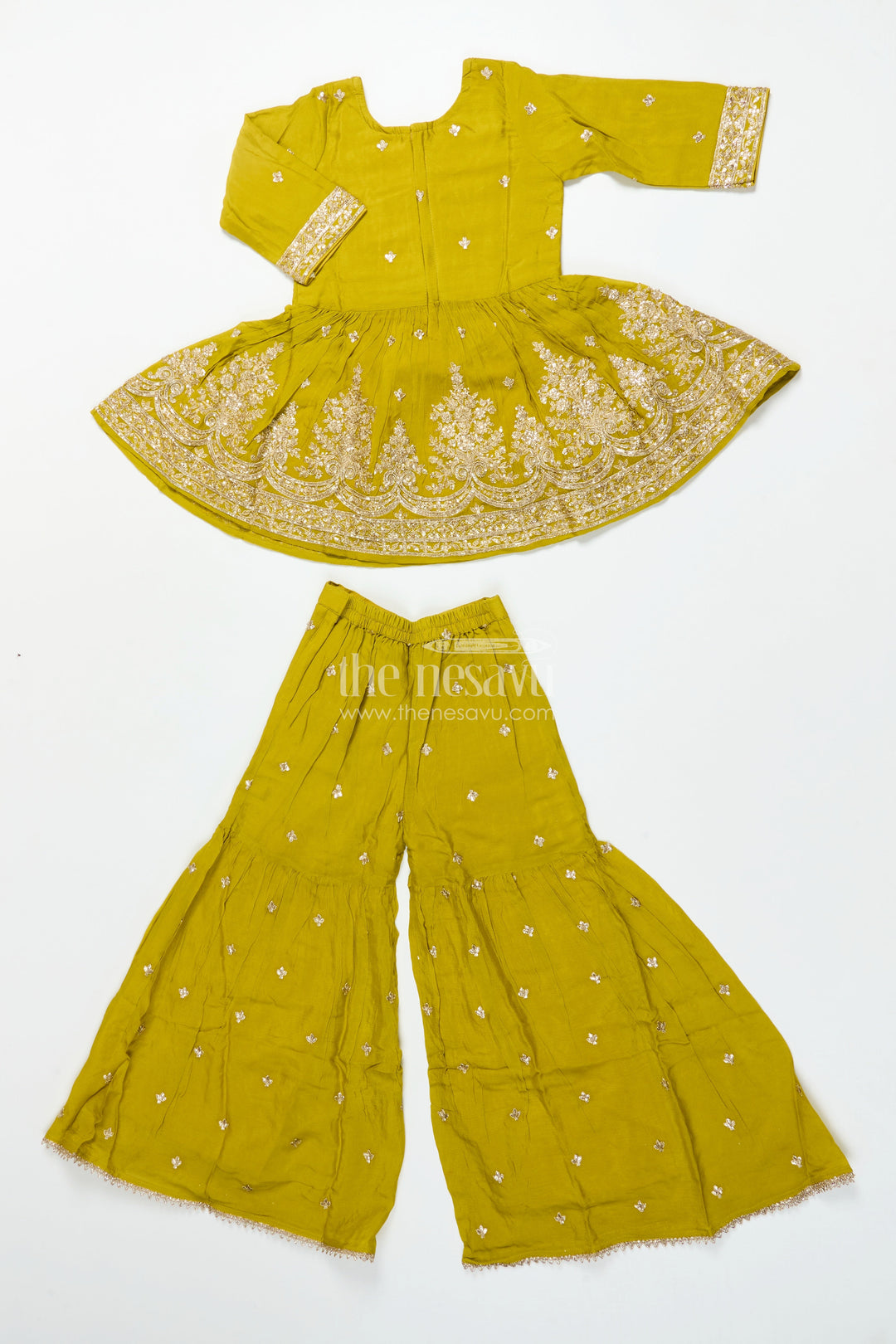 Girls Designer Embroidered Georgette Kurta with Pleated Plazo Pants