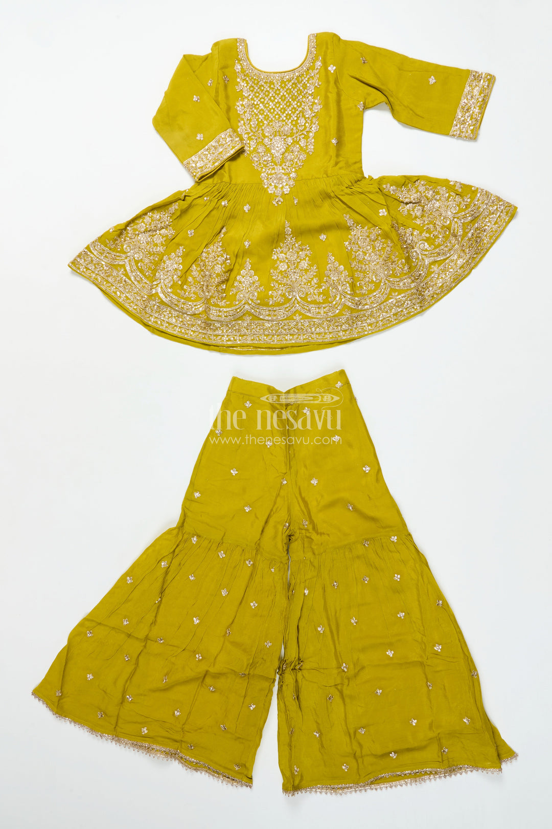 Girls Designer Embroidered Georgette Kurta with Pleated Plazo Pants