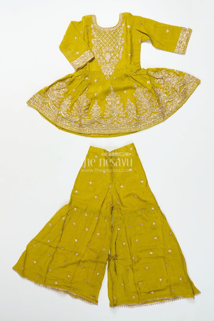 Girls Designer Embroidered Georgette Kurta with Pleated Plazo Pants