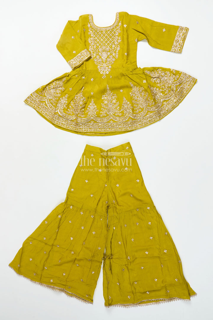 Girls Designer Embroidered Georgette Kurta with Pleated Plazo Pants
