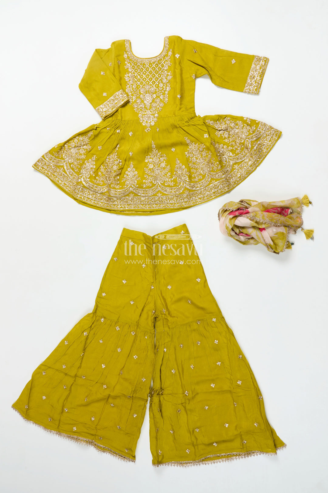 Girls Designer Embroidered Georgette Kurta with Pleated Plazo Pants