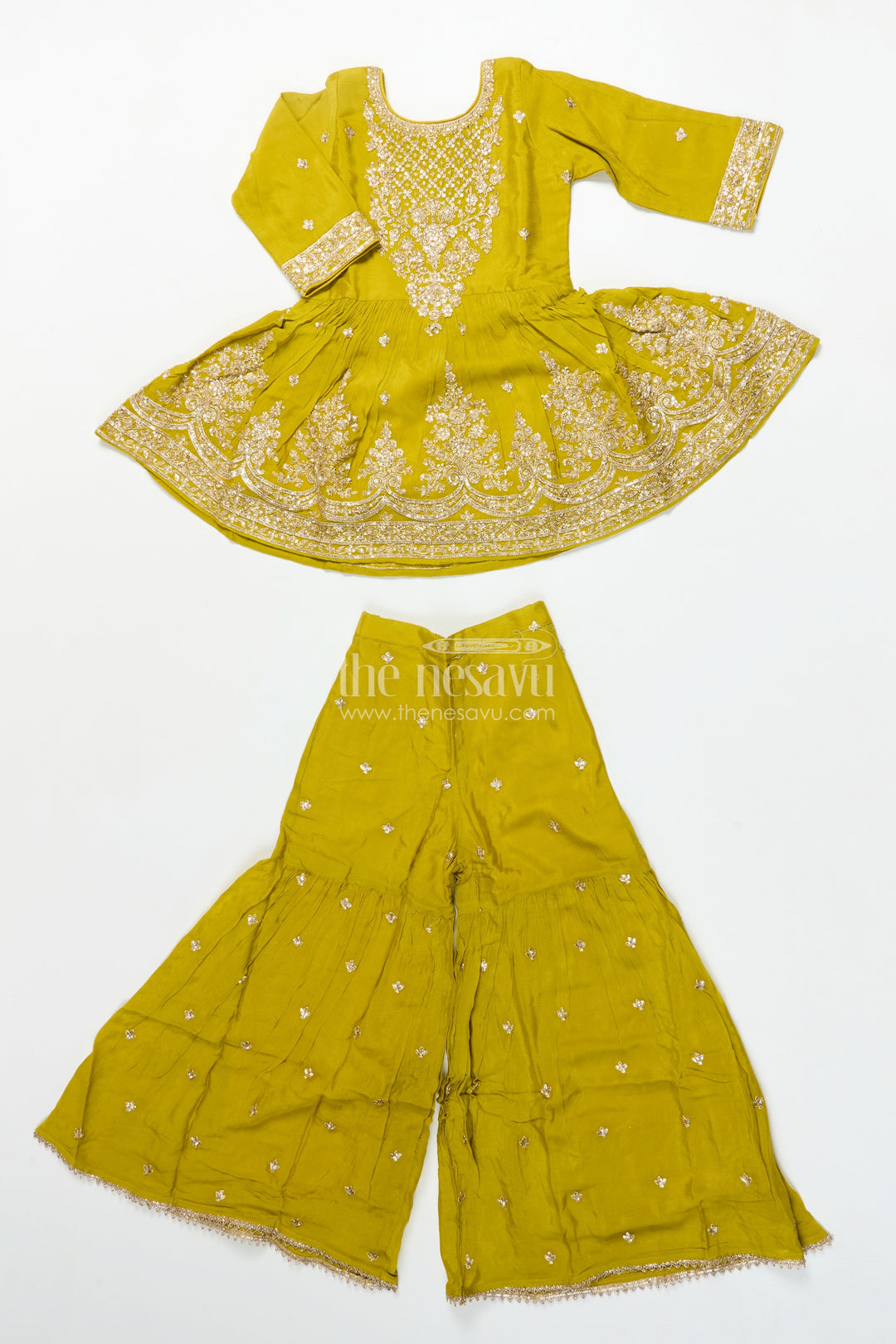 Girls Designer Embroidered Georgette Kurta with Pleated Plazo Pants