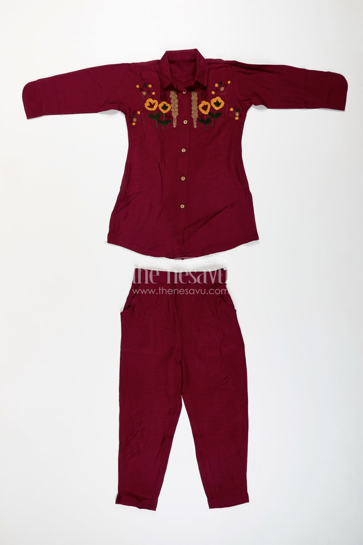 Girls ethnic plazzo kurta set with floral neckline embroidery