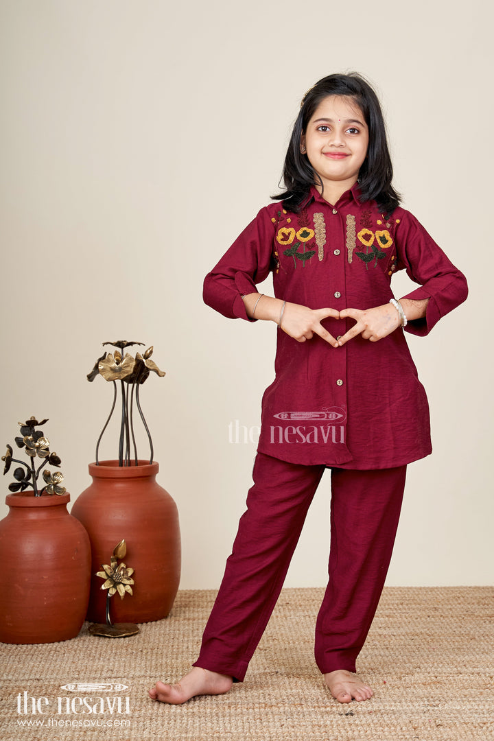 Girls ethnic plazzo kurta set with floral neckline embroidery