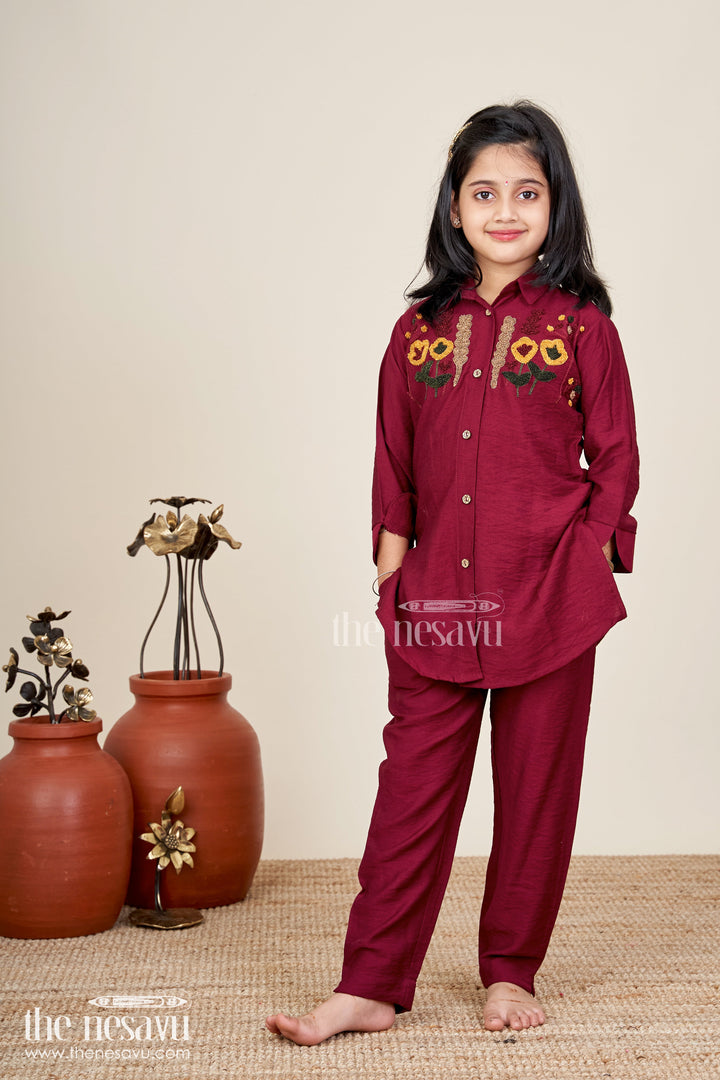 Girls ethnic plazzo kurta set with floral neckline embroidery