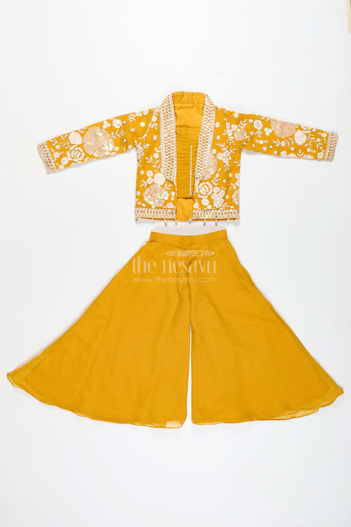 Girls Mustard Sharara Set With Embroidered Jacket For Festive Events