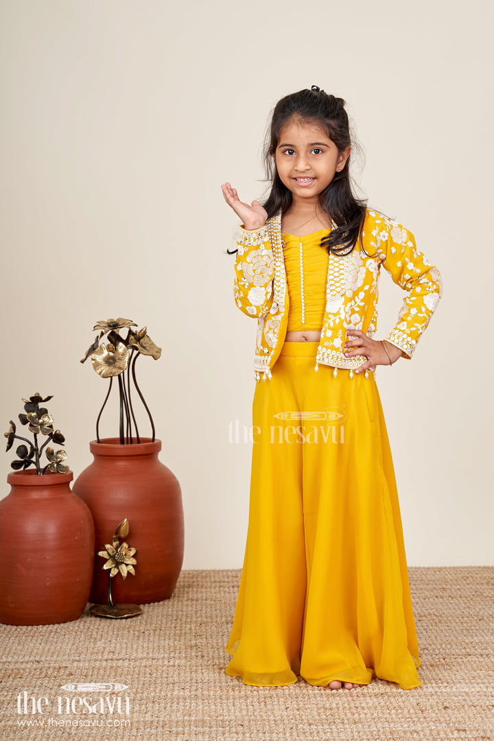 Girls Mustard Sharara Set With Embroidered Jacket For Festive Events