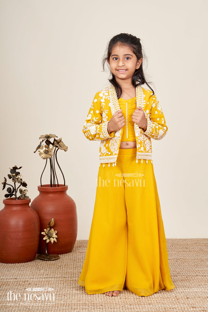 Girls Mustard Sharara Set With Embroidered Jacket For Festive Events