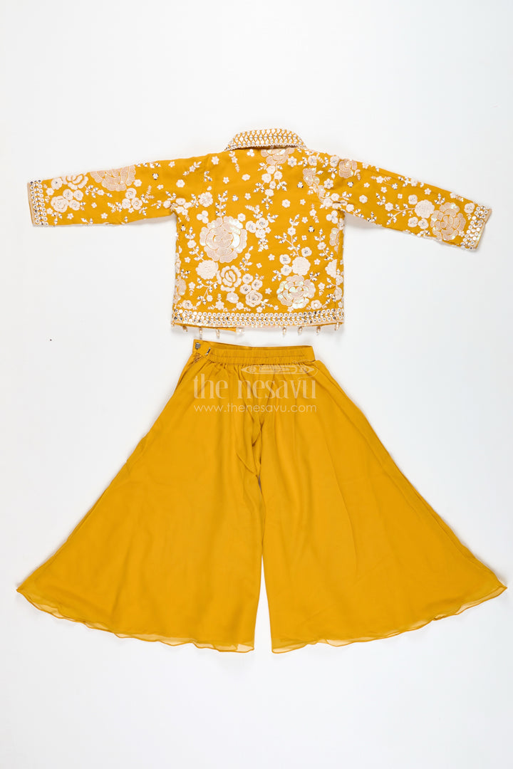 Girls Mustard Sharara Set With Embroidered Jacket For Festive Events