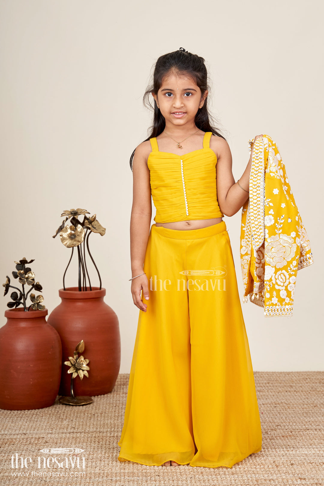 Girls Mustard Sharara Set With Embroidered Jacket For Festive Events