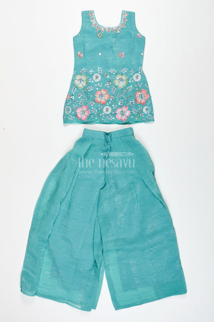 Girls Teal Organza Sharara Set With Embroidered Kurti And Dupatta