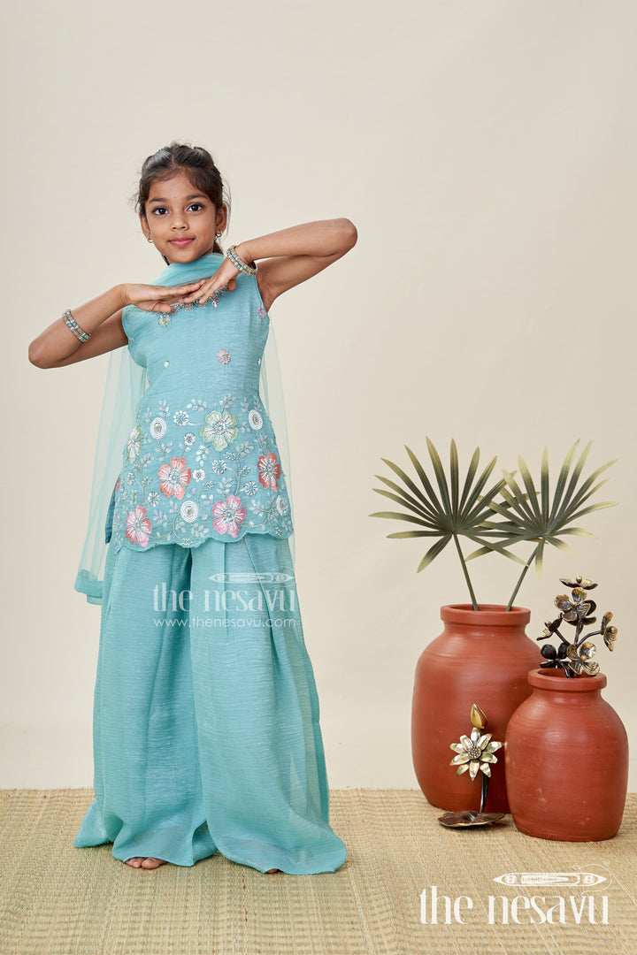 Girls Teal Organza Sharara Set With Embroidered Kurti And Dupatta
