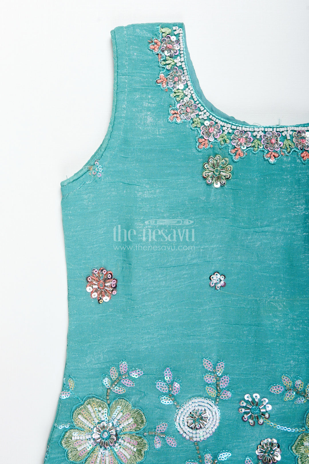 Girls Teal Organza Sharara Set With Embroidered Kurti And Dupatta