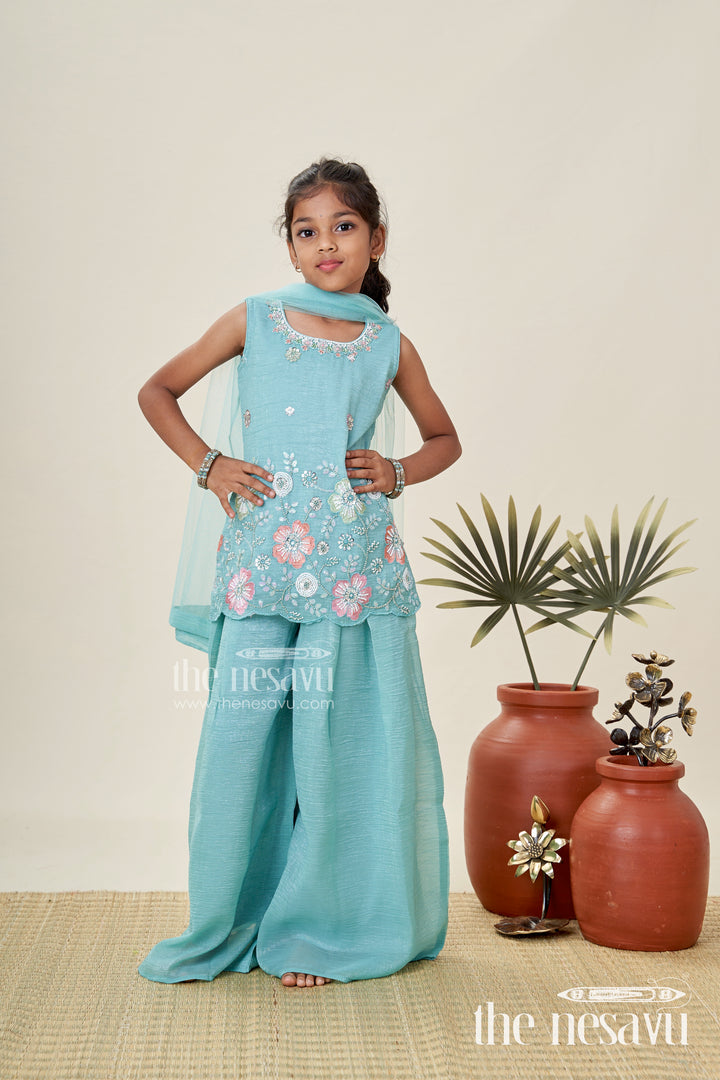 Girls Teal Organza Sharara Set With Embroidered Kurti And Dupatta