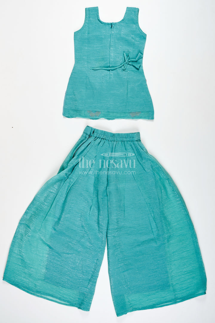 Girls Teal Organza Sharara Set With Embroidered Kurti And Dupatta