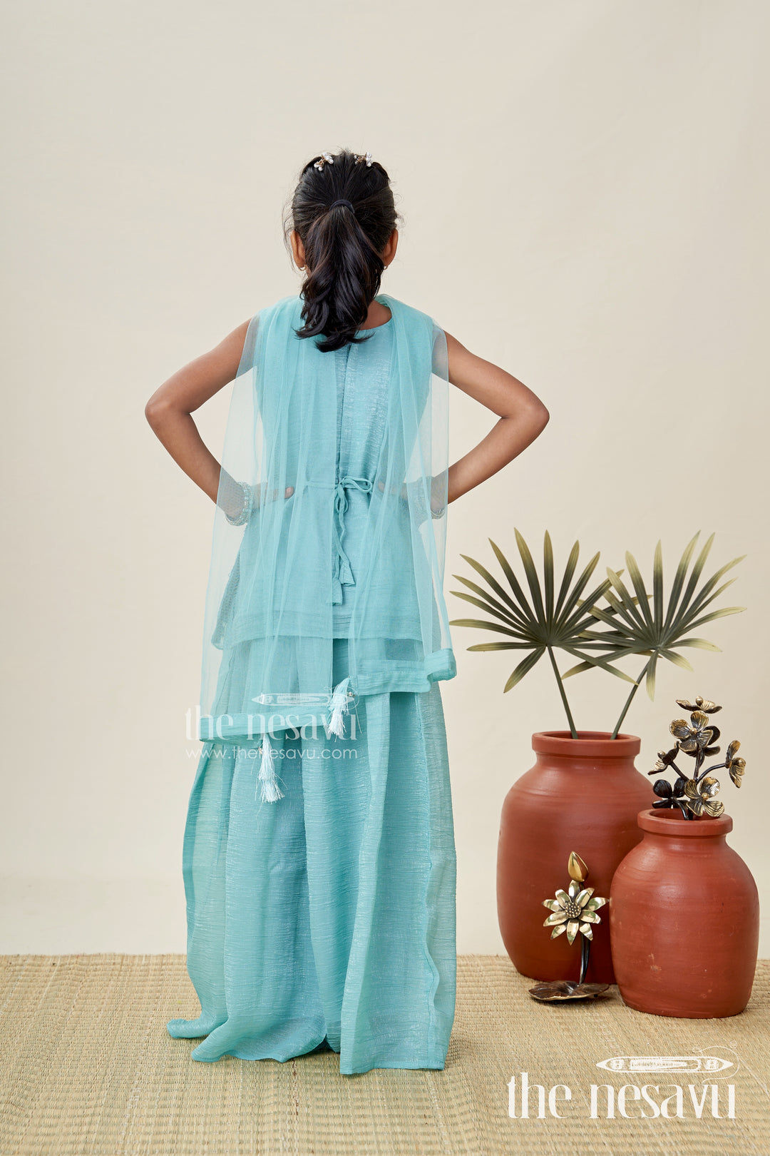 Girls Teal Organza Sharara Set With Embroidered Kurti And Dupatta