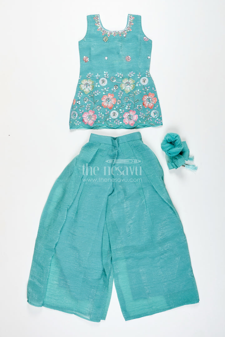 Girls Teal Organza Sharara Set With Embroidered Kurti And Dupatta