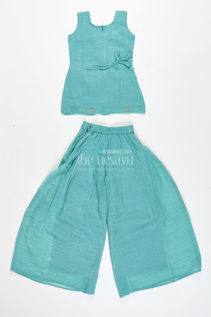 Girls Teal Organza Sharara Set With Embroidered Kurti And Dupatta