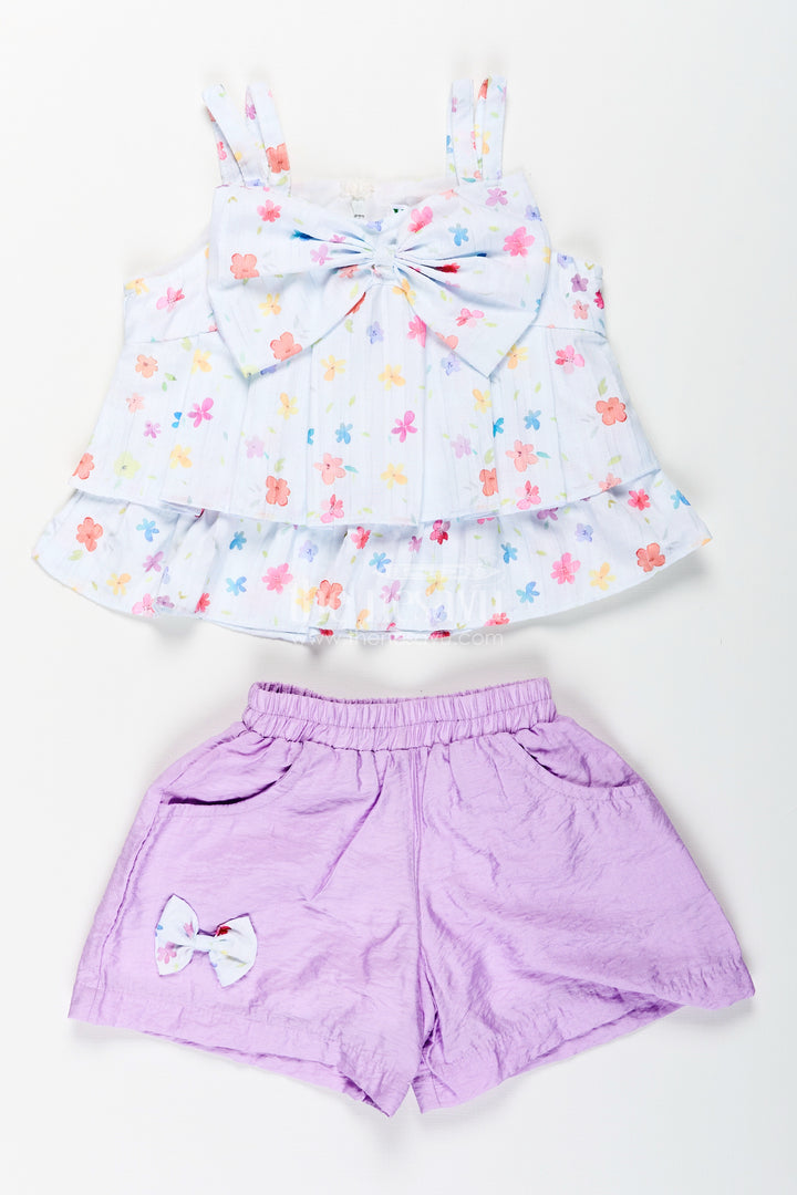 Girls summer casual set with lavender shorts and bow top