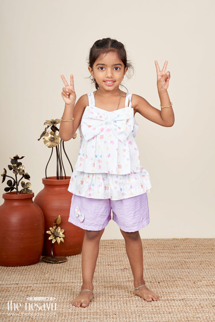 Girls summer casual set with lavender shorts and bow top